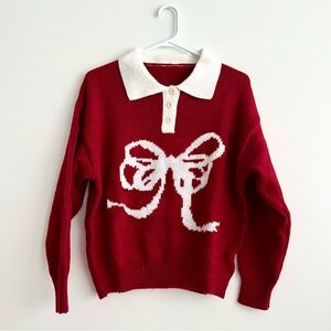 Brand New Handknit Red and White Bow Ribbon Rugby Collared Sweater Size L